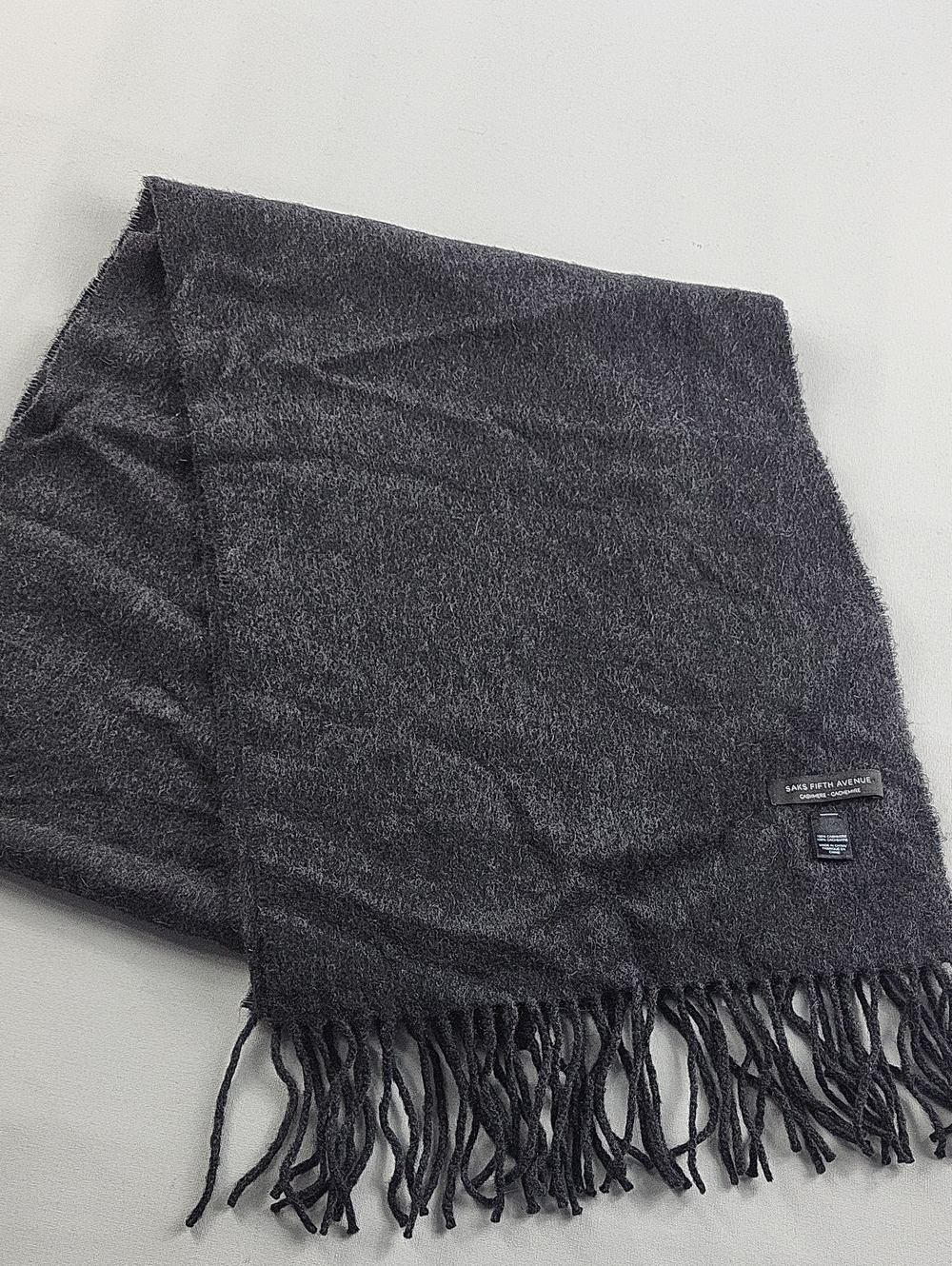 Saks Fifth Avenue Charcoal Gray 100% Cashmere Fringe Scarf